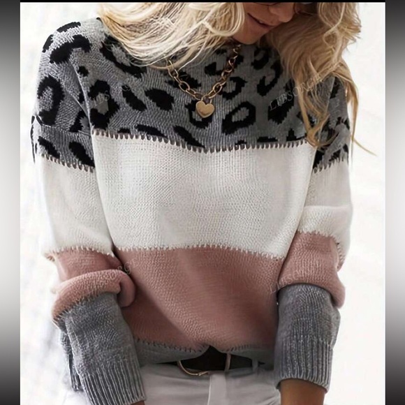 Comfy Leopard color Block Stripe Pattern Long Sleeve Knit Sweater Top - Picture 3 of 10